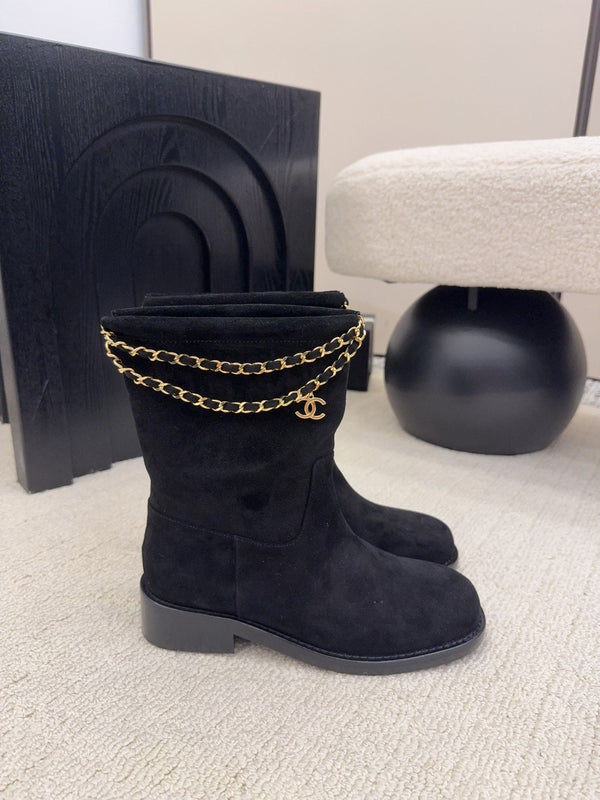 CC Mid-Calf Boots 4CM Gold Chain Charm Black Suede 961499