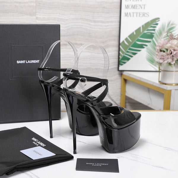 YSL Kika Platform Sandals Stiletto Heel Black Patent Leather 961645