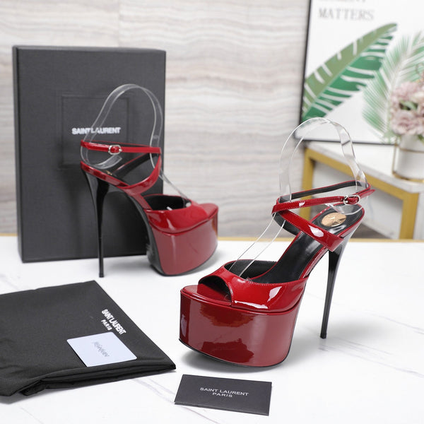 YSL Kika Platform Sandals Stiletto Heel Red Patent Leather 961644