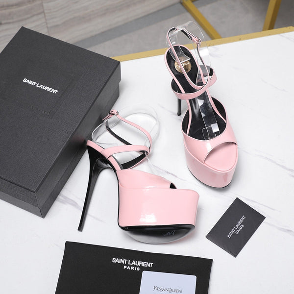 YSL Kika Platform Sandals Stiletto Heel Pink Patent Leather 961642