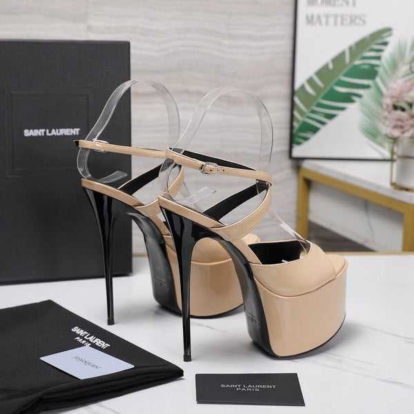 YSL Kika Platform Sandals Stiletto Heel Beige Patent Leather 961641
