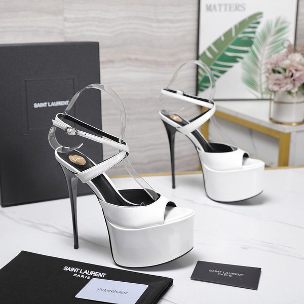 YSL Kika Platform Sandals Stiletto Heel White Patent Leather 961640