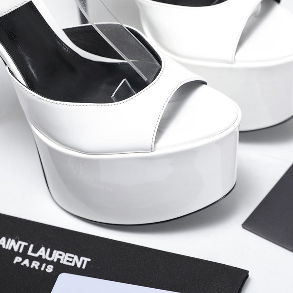 YSL Kika Platform Sandals Stiletto Heel White Patent Leather 961640