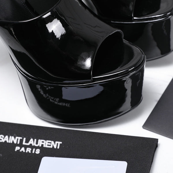 YSL Platform Mules Stiletto Heel Black Patent Leather 961639