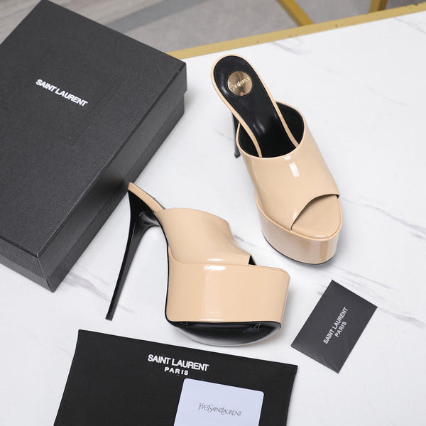 YSL Platform Mules Stiletto Heel Beige Patent Leather 961635