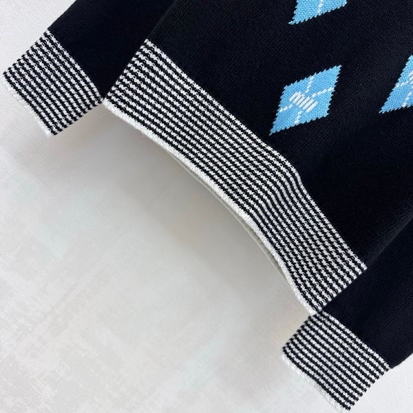 Miu Knit Sweater Blue Diamond Argyle Black Wool 418667