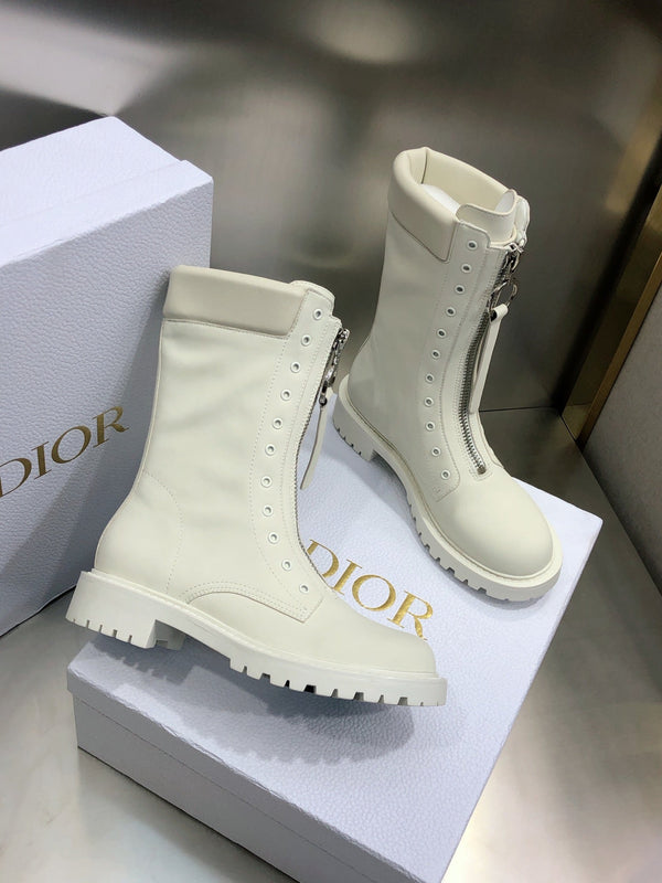 CD Combat Boots Mid-Calf Front Zipper Milk White Leather 965382
