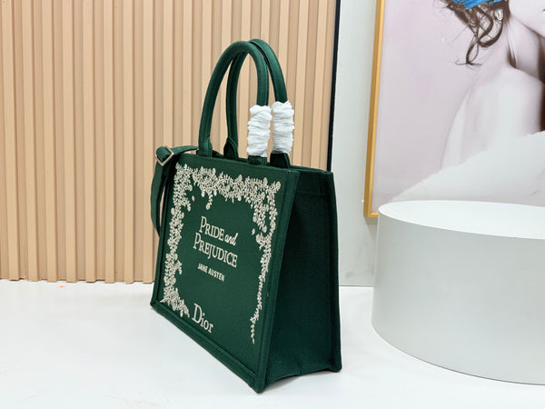 CD Book Tote Medium Pride and Prejudice Green Embroidery Canvas 159367