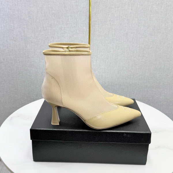 CC 26s Pointed-Toe Stiletto Ankle Boots Beige Sheepskin Mesh 972791