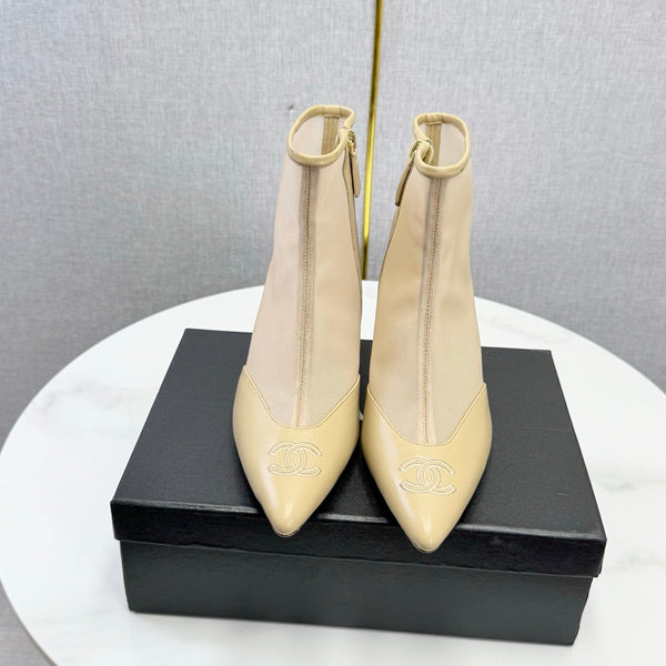 CC 26s Pointed-Toe Stiletto Ankle Boots Beige Sheepskin Mesh 972791