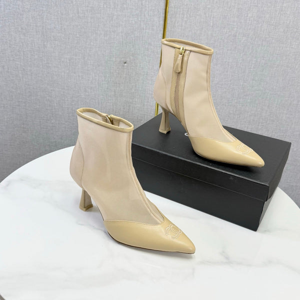 CC 26s Pointed-Toe Stiletto Ankle Boots Beige Sheepskin Mesh 972791