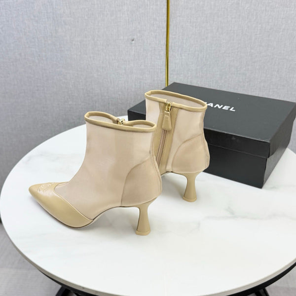 CC 26s Pointed-Toe Stiletto Ankle Boots Beige Sheepskin Mesh 972791