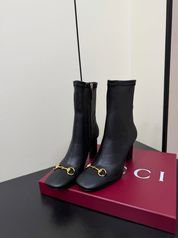 GG Signora Horsebit Ankle Boots 8.5CM Black Leather 984468
