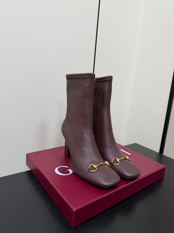 GG Signora Horsebit Ankle Boots 8.5CM Dark Chocolate Leather 984467