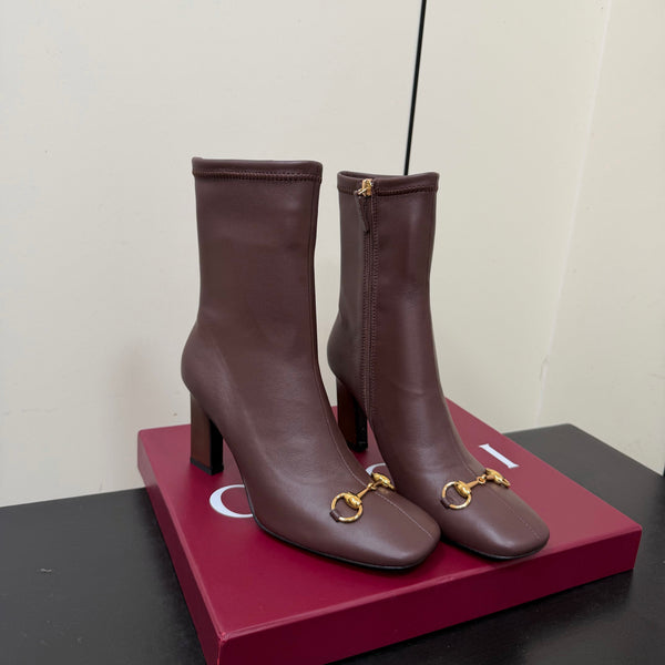 GG Signora Horsebit Ankle Boots 8.5CM Dark Chocolate Leather 984467