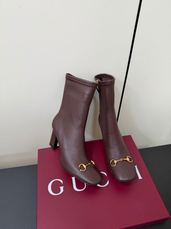 GG Signora Horsebit Ankle Boots 8.5CM Dark Chocolate Leather 984467