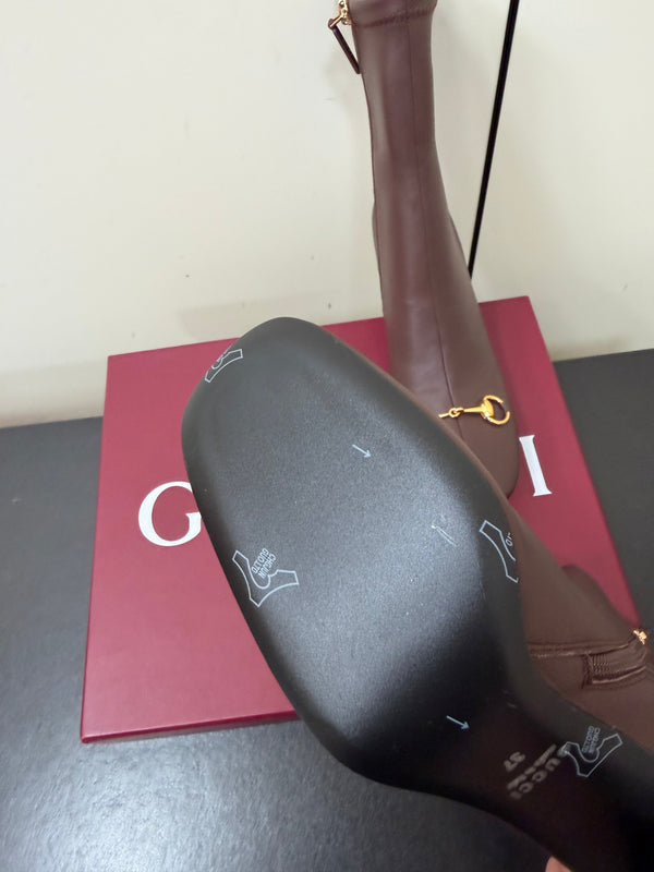 GG Signora Horsebit Ankle Boots 8.5CM Dark Chocolate Leather 984467