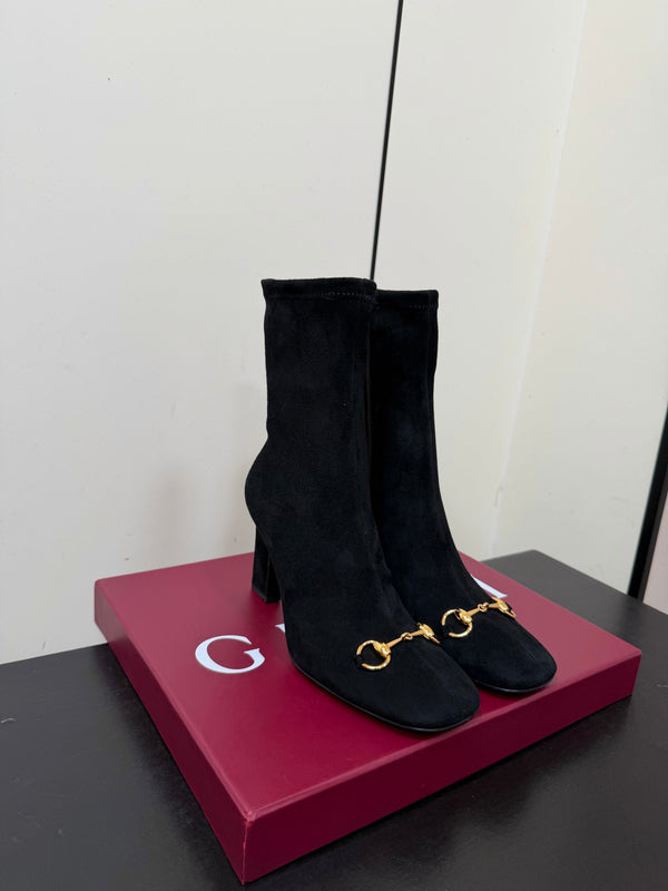 GG Signora Horsebit Ankle Boots 8.5CM Black Suede 984466
