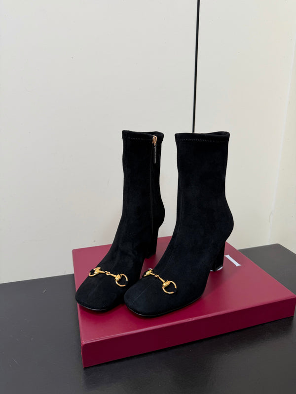GG Signora Horsebit Ankle Boots 8.5CM Black Suede 984466