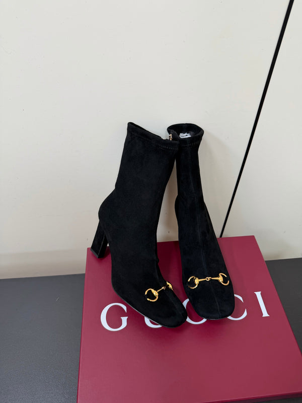 GG Signora Horsebit Ankle Boots 8.5CM Black Suede 984466