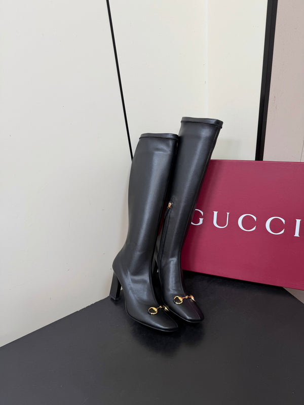 GG Signora Horsebit Knee-High Boots 8.5CM Black Leather 984465