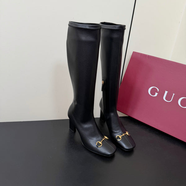 GG Signora Horsebit Knee-High Boots 8.5CM Black Leather 984465