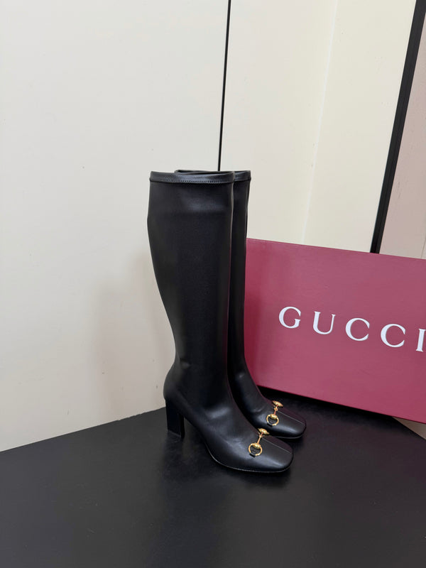GG Signora Horsebit Knee-High Boots 8.5CM Black Leather 984465