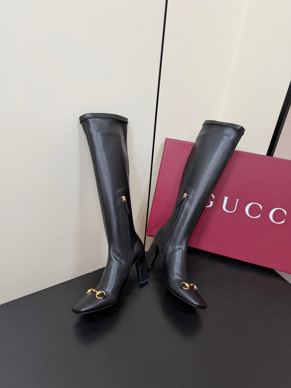 GG Signora Horsebit Knee-High Boots 8.5CM Black Leather 984465