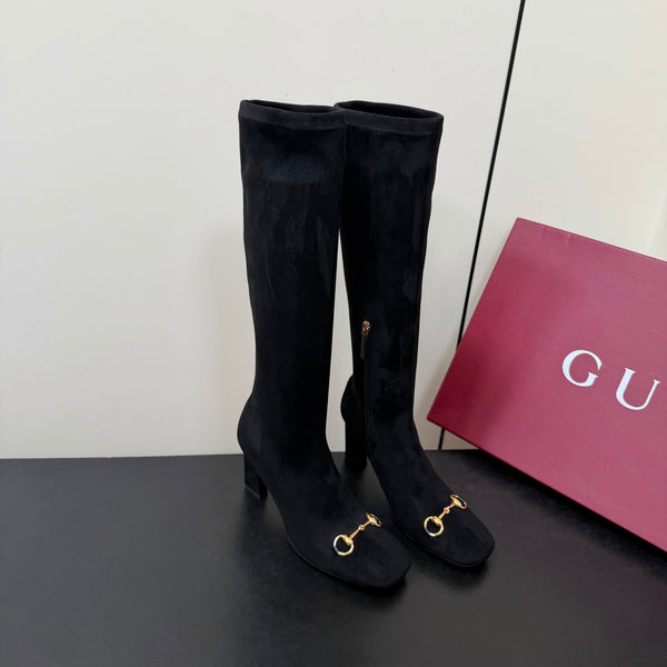GG Signora Horsebit Knee-High Boots 8.5CM Black Suede 984464