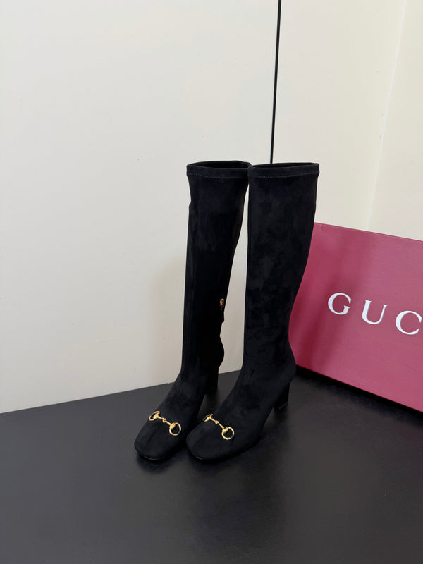 GG Signora Horsebit Knee-High Boots 8.5CM Black Suede 984464