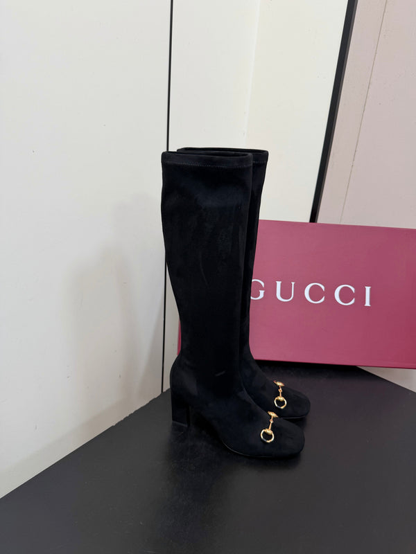 GG Signora Horsebit Knee-High Boots 8.5CM Black Suede 984464
