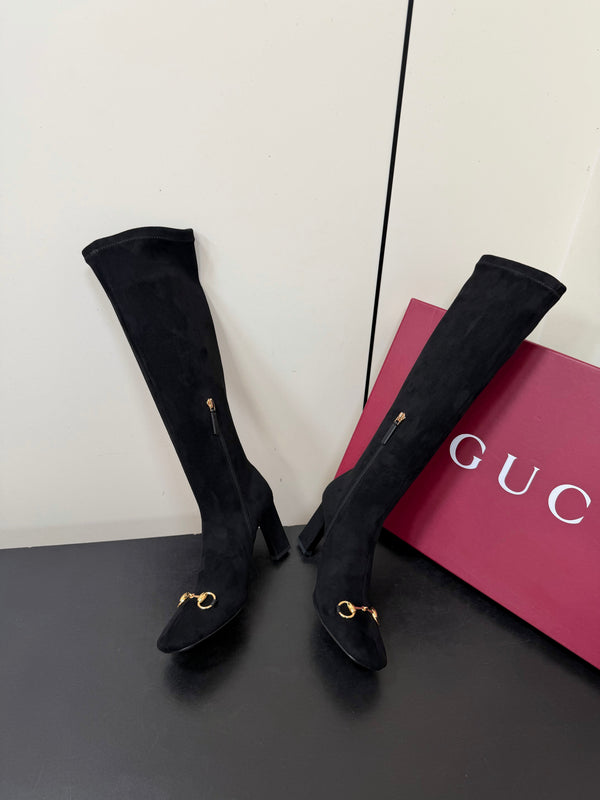 GG Signora Horsebit Knee-High Boots 8.5CM Black Suede 984464
