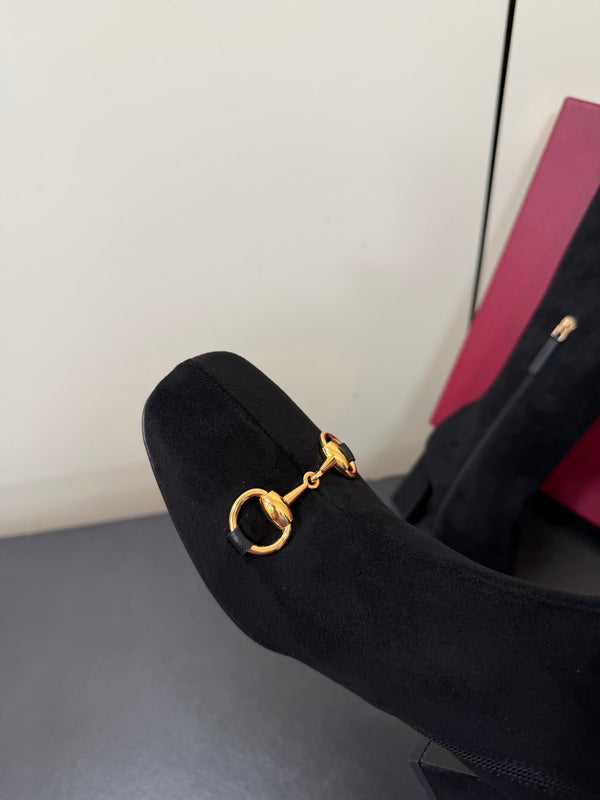 GG Signora Horsebit Knee-High Boots 8.5CM Black Suede 984464