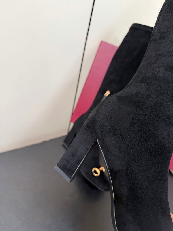 GG Signora Horsebit Knee-High Boots 8.5CM Black Suede 984464
