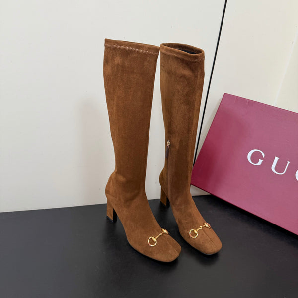 GG Signora Horsebit Knee-High Boots 8.5CM Brown Suede 984463
