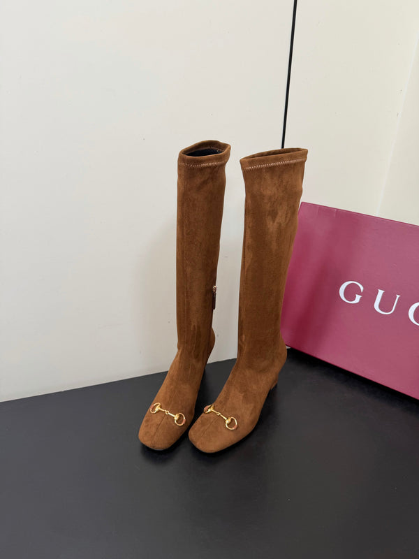 GG Signora Horsebit Knee-High Boots 8.5CM Brown Suede 984463
