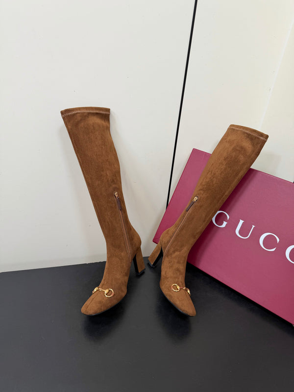 GG Signora Horsebit Knee-High Boots 8.5CM Brown Suede 984463