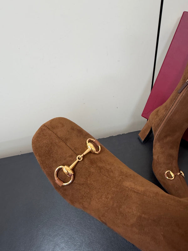 GG Signora Horsebit Knee-High Boots 8.5CM Brown Suede 984463