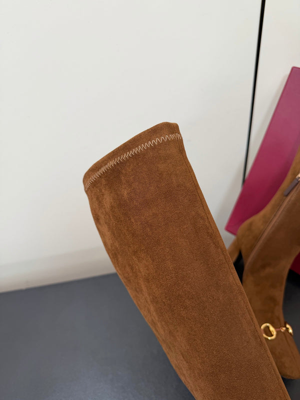 GG Signora Horsebit Knee-High Boots 8.5CM Brown Suede 984463