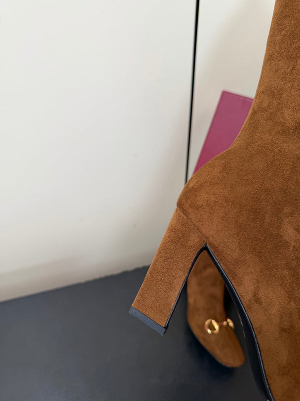 GG Signora Horsebit Knee-High Boots 8.5CM Brown Suede 984463