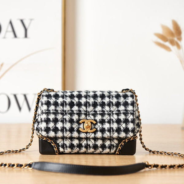 CC Flap Bag 20CM Houndstooth Tweed Black White Gold Hardware