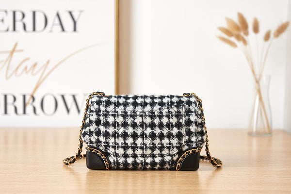 CC Flap Bag 20CM Houndstooth Tweed Black White Gold Hardware