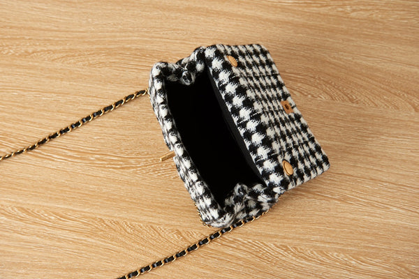 CC Flap Bag 20CM Houndstooth Tweed Black White Gold Hardware