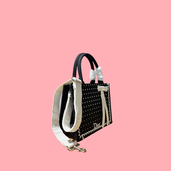 CD Book Tote With Strap PolkaDior Embroidery Black White Canvas 164637