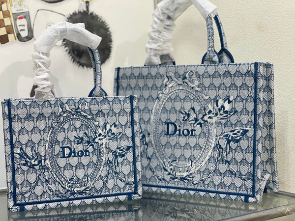 CD Book Tote With Strap Toile de Jouy Floral Garden Embroidery Blue Canvas 164670