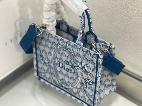 CD Book Tote With Strap Toile de Jouy Floral Garden Embroidery Blue Canvas 164670