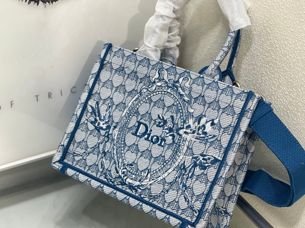 CD Book Tote With Strap Toile de Jouy Floral Garden Embroidery Blue Canvas 164670