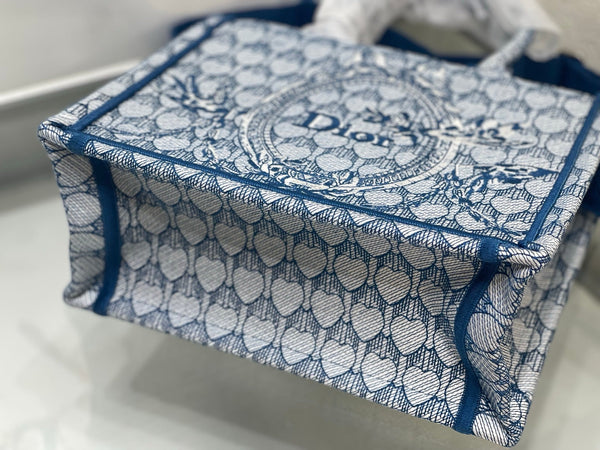 CD Book Tote With Strap Toile de Jouy Floral Garden Embroidery Blue Canvas 164670