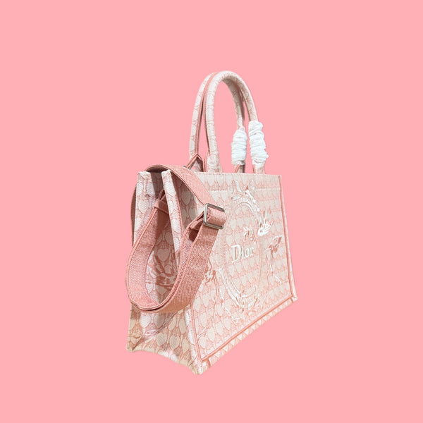 CD Book Tote With Strap Toile de Jouy Floral Garden Embroidery Pink Canvas 164666