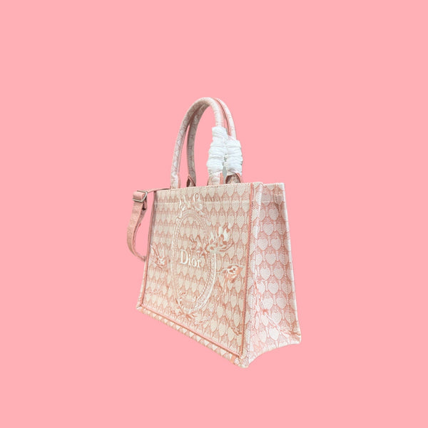 CD Book Tote With Strap Toile de Jouy Floral Garden Embroidery Pink Canvas 164666